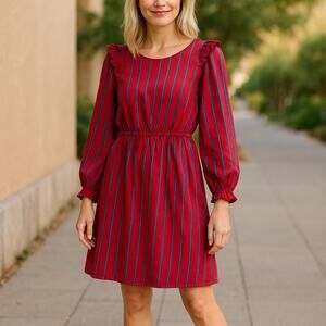 Forever 21 Vintage Look Burgundy‎ Blue Striped Ruffle Dress Size M